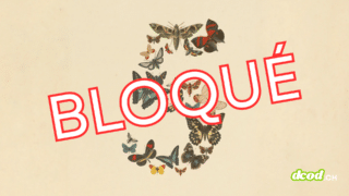 Illustration montrant un grand chiffre 5 formé de papillons rétro, barré en biais par l'inscription rouge « BLOQUÉ » avec le logo DCOD. Ce visuel accompagne l'information majeure : Fable 5 et Mythos 5 suspendus, coupant ainsi l'accès mondial à ces technologies.