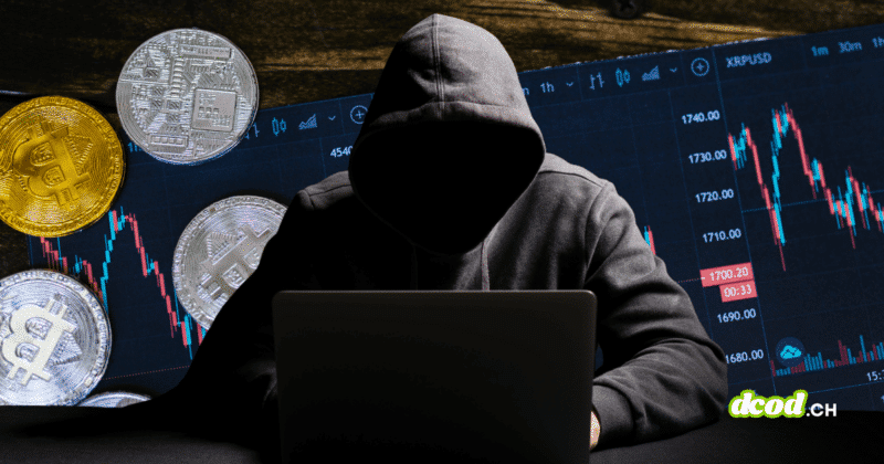 Individu anonyme en sweat à capuche devant un ordinateur, entouré de pièces de cryptomonnaies et de graphiques boursiers illustrant le contournement des sanctions.