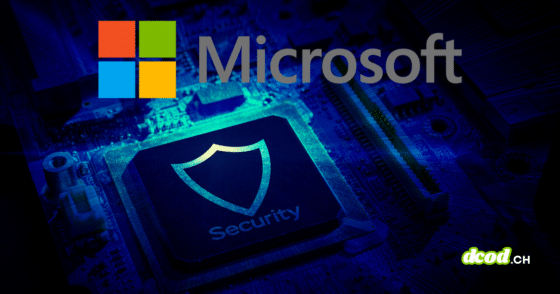 Gros plan d'un circuit imprimé bleu avec le logo Microsoft en haut et un processeur central marqué d'un bouclier lumineux et du mot "Security", avec le logo dcod.ch dans le coin inférieur droit.